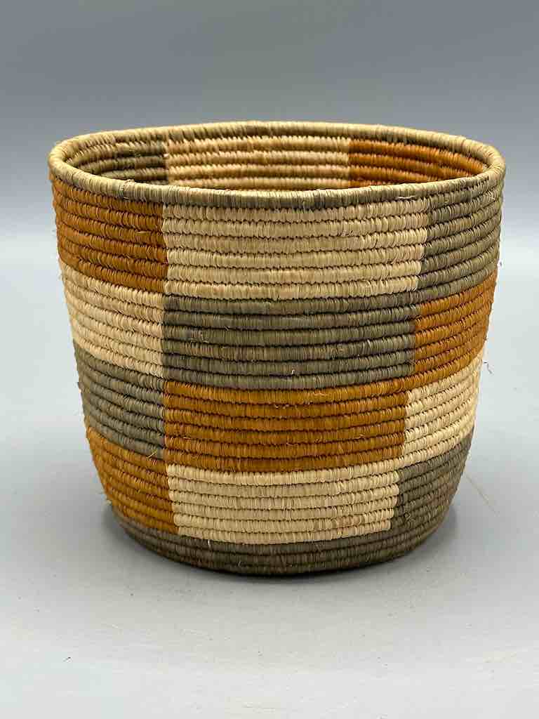 Earth tone checkerboard cylinder tightest weave Batwa basket