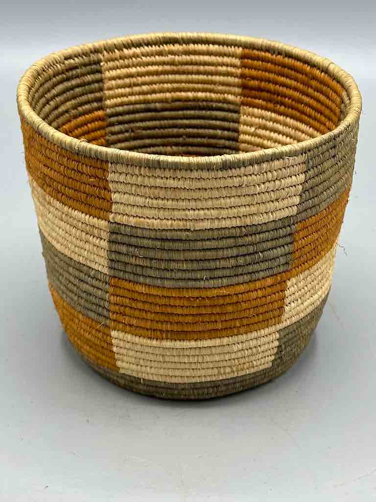Earth tone checkerboard cylinder tightest weave Batwa basket
