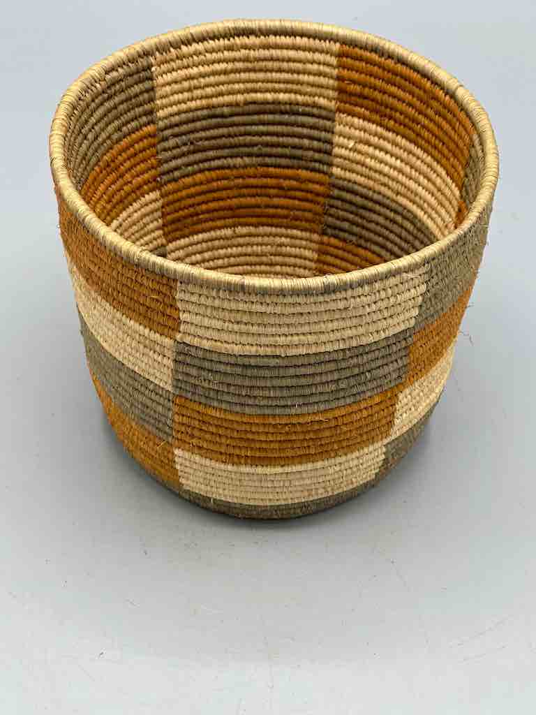 Earth tone checkerboard cylinder tightest weave Batwa basket
