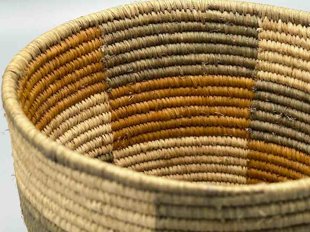 Earth tone checkerboard cylinder tightest weave Batwa basket