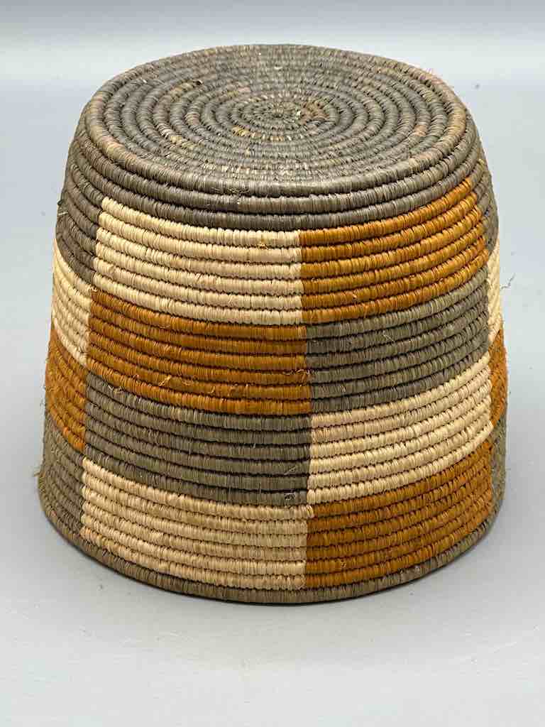 Earth tone checkerboard cylinder tightest weave Batwa basket