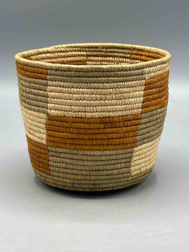Earth tone checkerboard cylinder tightest weave Batwa basket