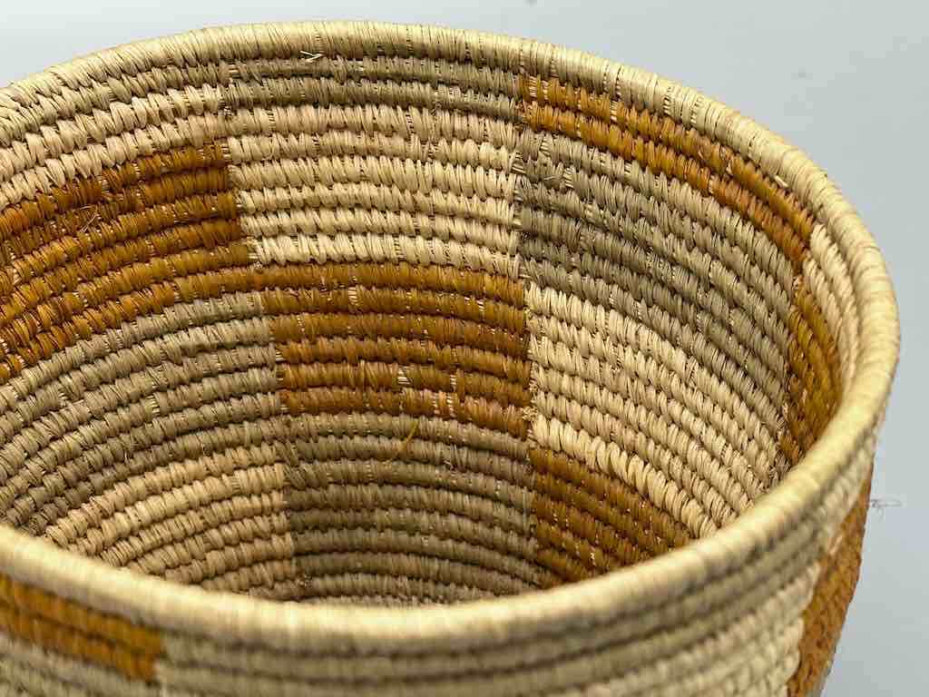 Earth tone checkerboard cylinder tightest weave Batwa basket
