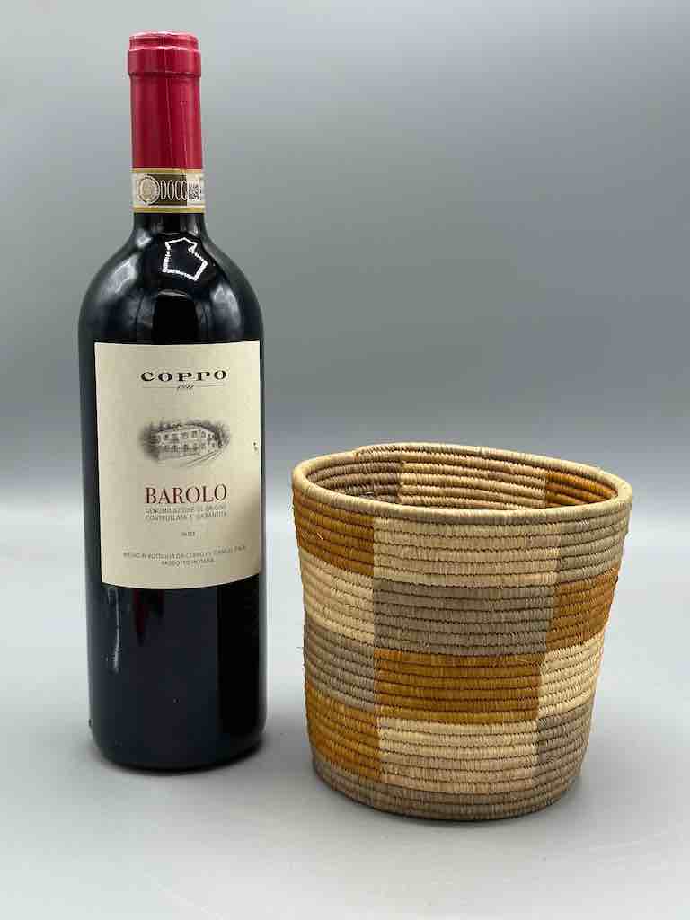 Earth tone checkerboard cylinder tightest weave Batwa basket