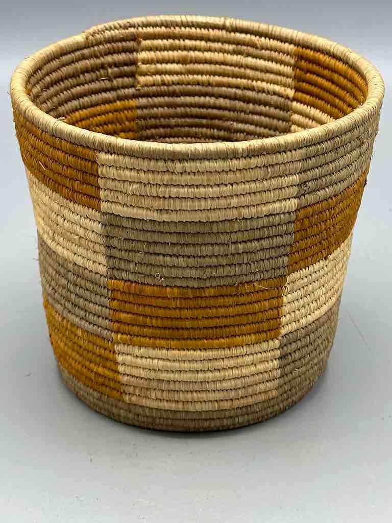 Earth tone checkerboard cylinder tightest weave Batwa basket