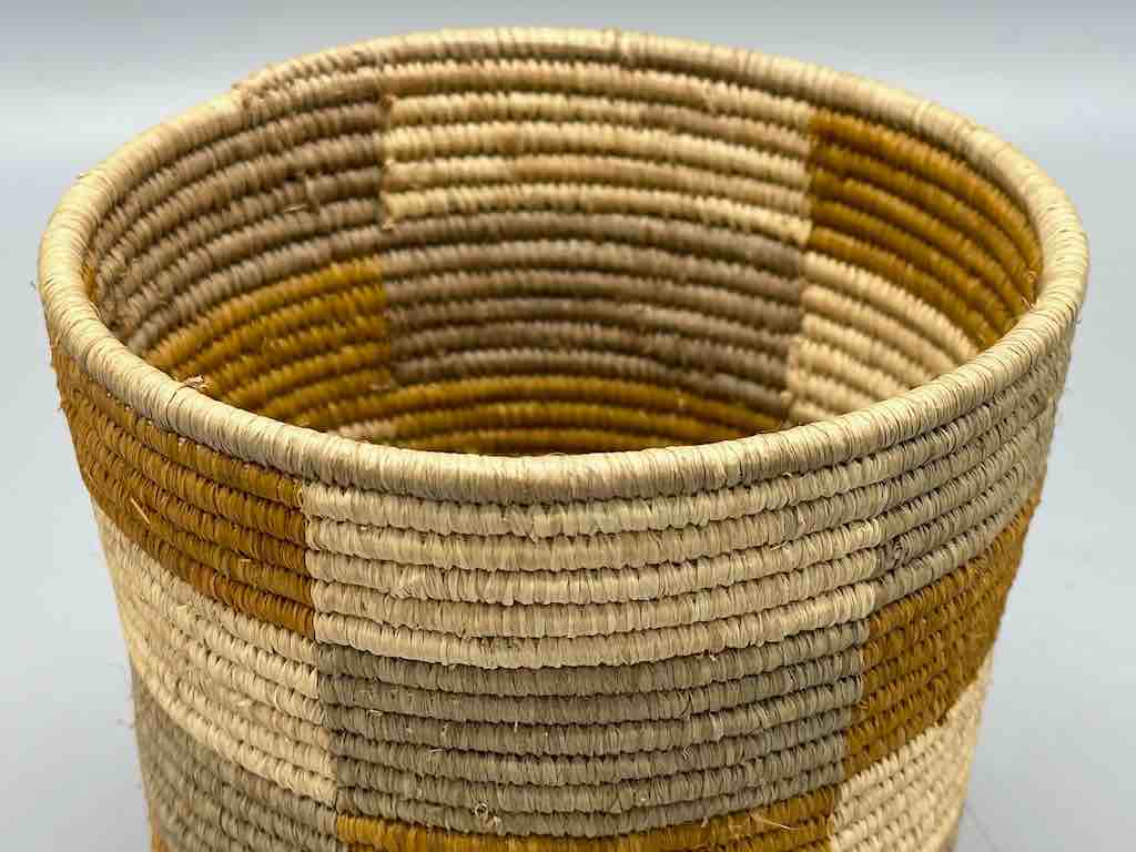 Earth tone checkerboard cylinder tightest weave Batwa basket
