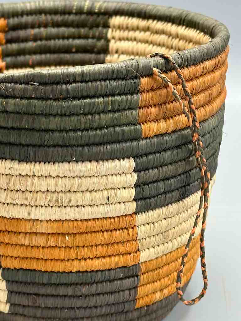 Earth tone checkerboard cylinder tightest weave Batwa basket