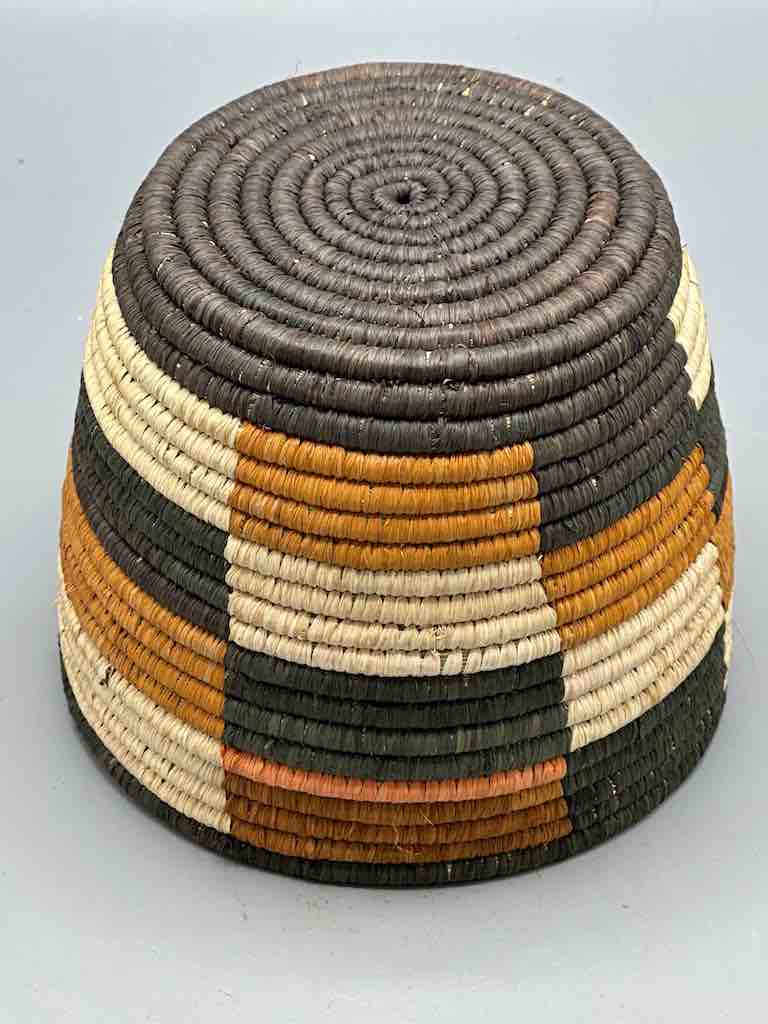 Earth tone checkerboard cylinder tightest weave Batwa basket