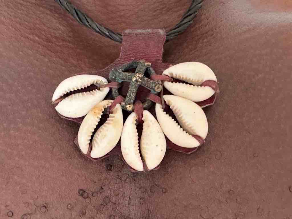 Leather & Cowrie Shell Brass Gold Weight Maroon Pendant Necklace - Mali