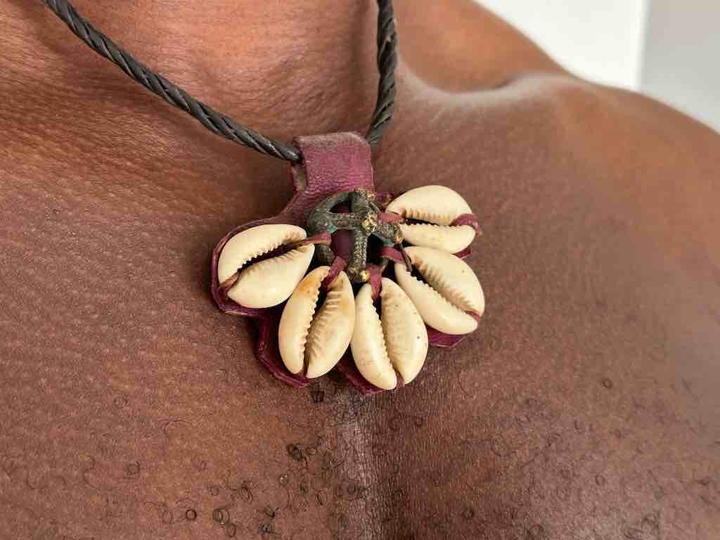 Leather & Cowrie Shell Brass Gold Weight Maroon Pendant Necklace - Mali