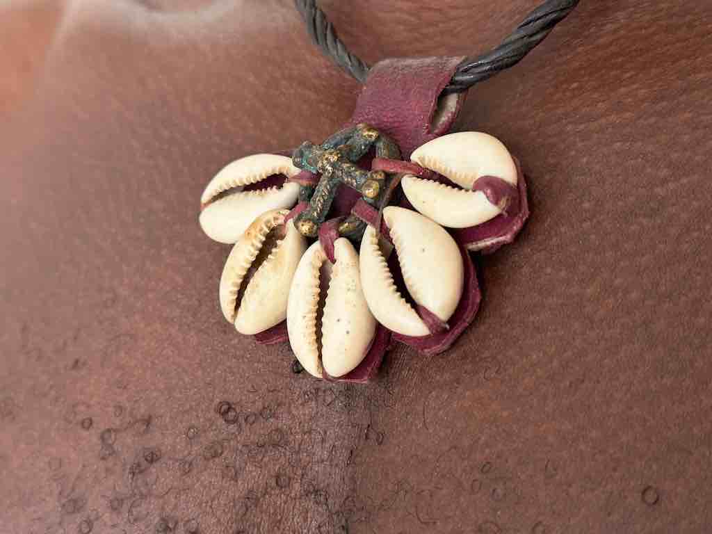 Leather & Cowrie Shell Brass Gold Weight Maroon Pendant Necklace - Mali