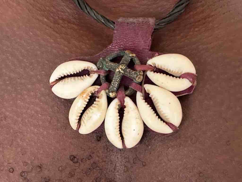 Leather & Cowrie Shell Brass Gold Weight Maroon Pendant Necklace - Mali