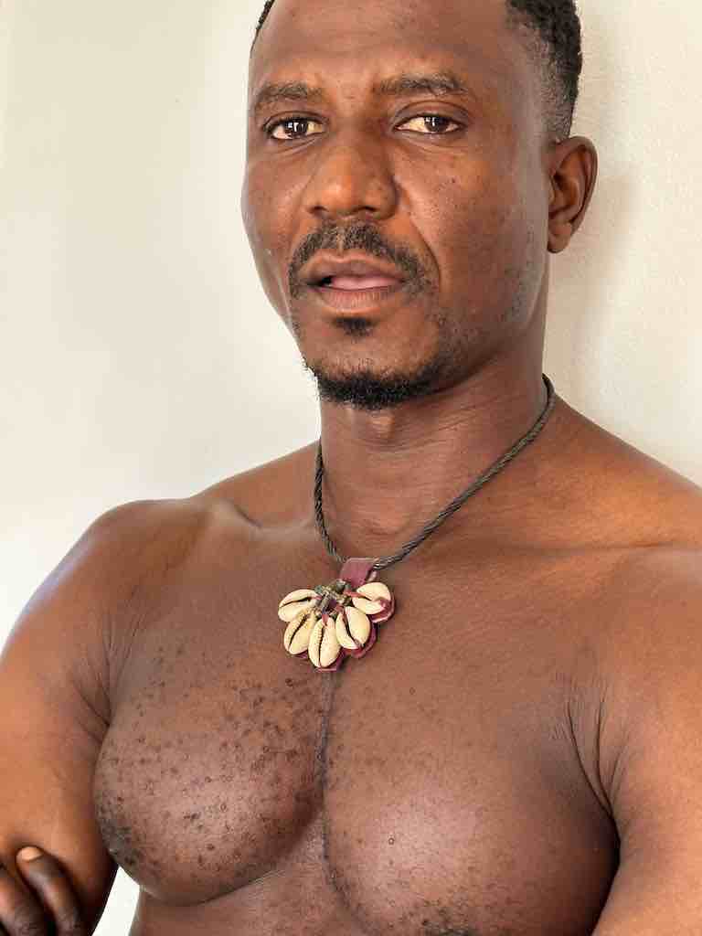 Leather & Cowrie Shell Brass Gold Weight Maroon Pendant Necklace - Mali