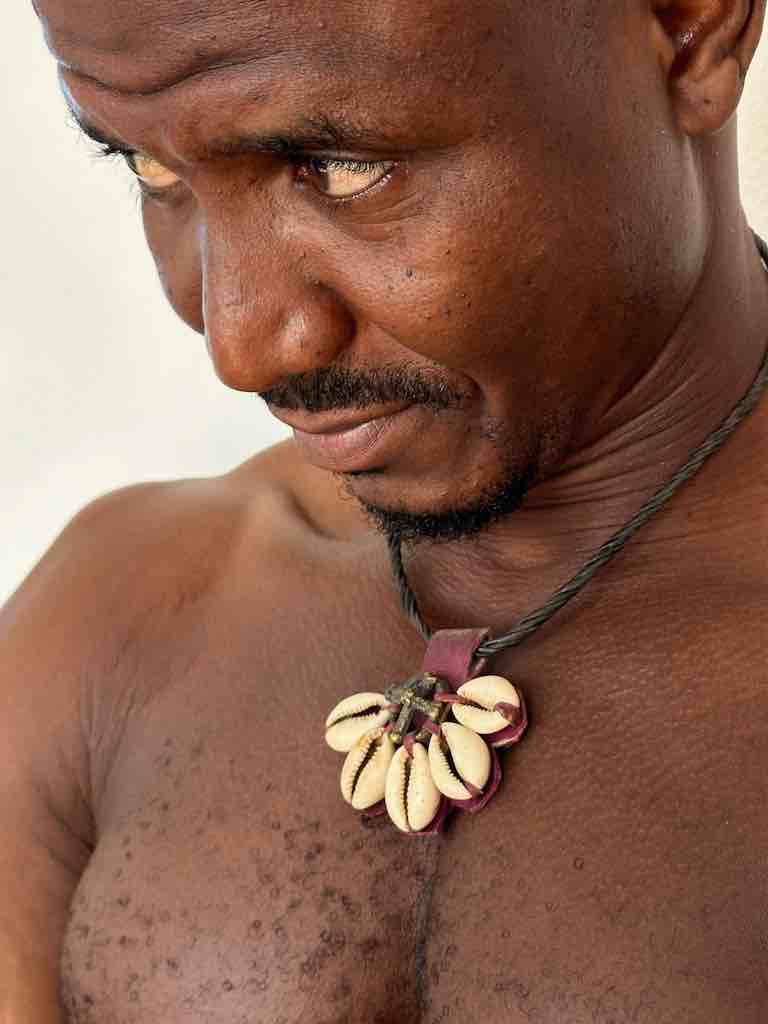 Leather & Cowrie Shell Brass Gold Weight Maroon Pendant Necklace - Mali