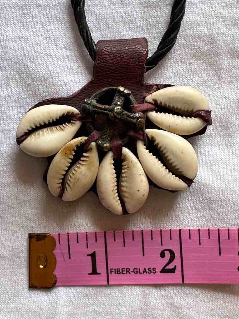 Leather & Cowrie Shell Brass Gold Weight Maroon Pendant Necklace - Mali