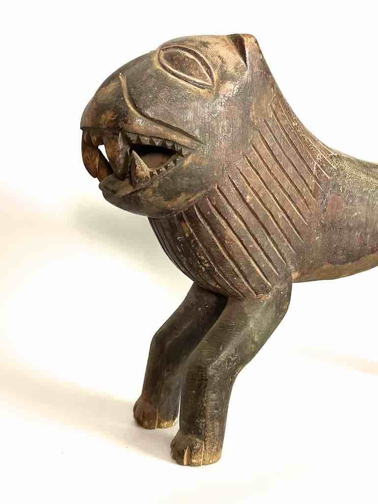 Large Vintage Wooden Fon Lion Figure | Benin, Africa