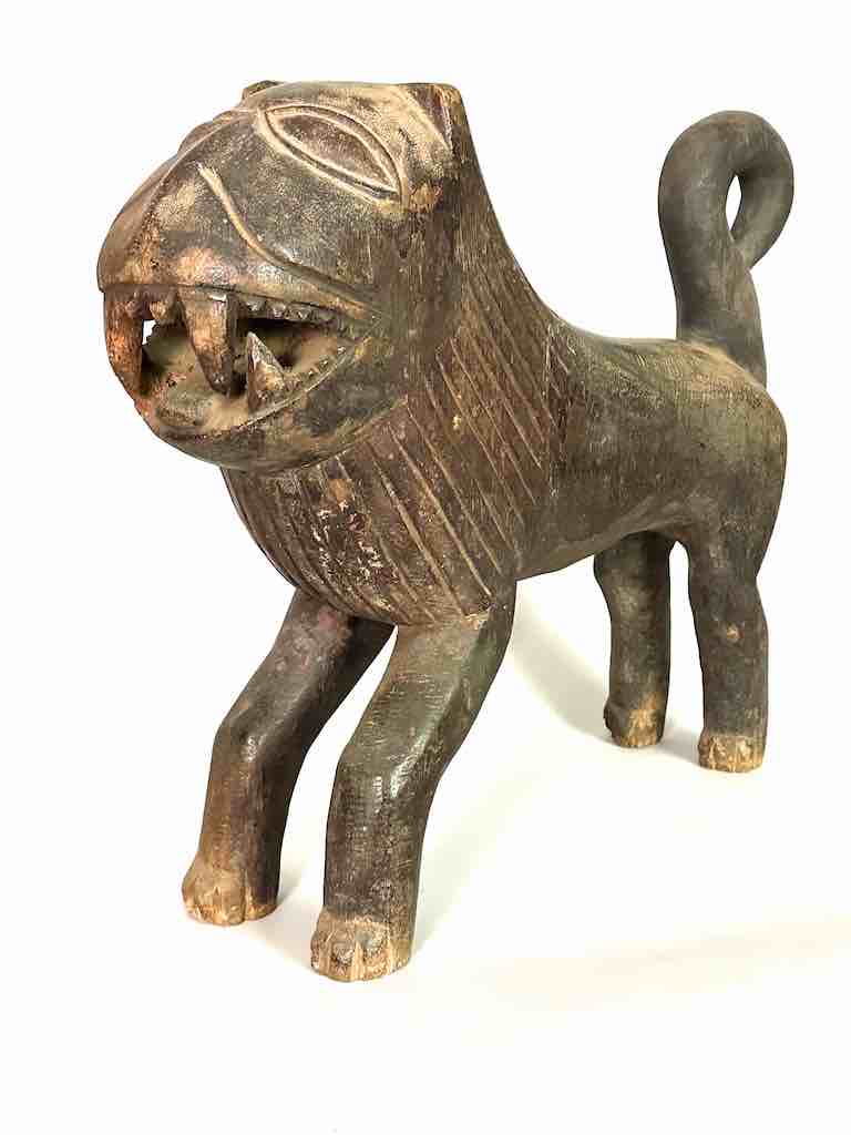 Large Vintage Wooden Fon Lion Figure | Benin, Africa