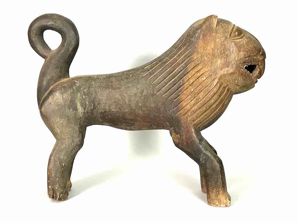Large Vintage Wooden Fon Lion Figure | Benin, Africa