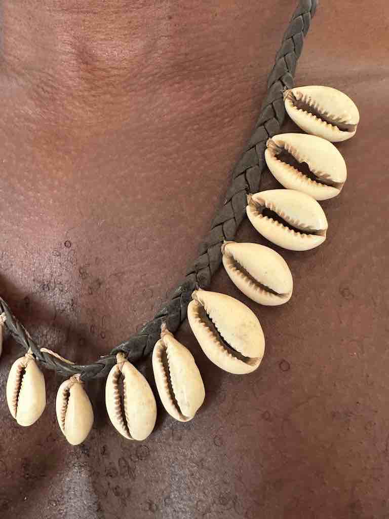 Hanging Cowrie Shell Braided Black Leather Clasp Long Necklace - Mali