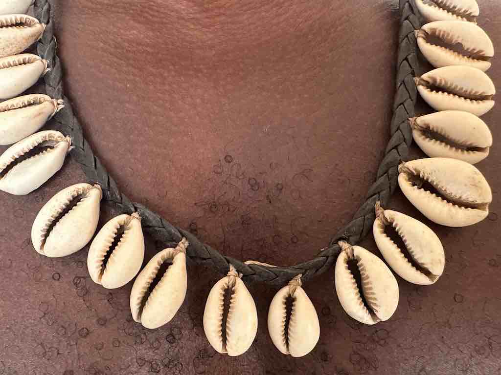 Hanging Cowrie Shell Braided Black Leather Clasp Long Necklace - Mali