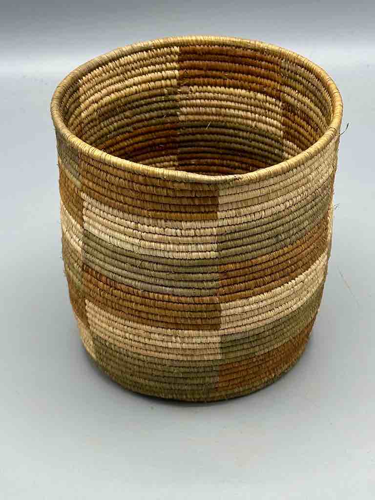 Earth tone checkerboard cylinder tightest weave Batwa basket
