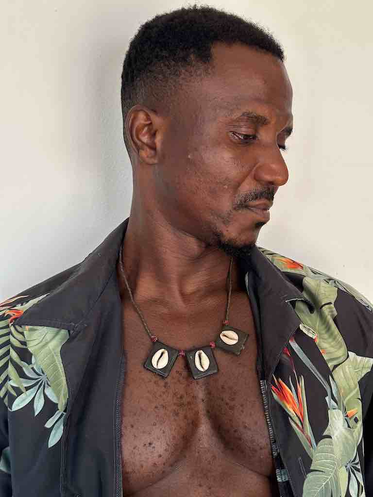 Cowrie Shell Triple GriGri Black Leather Cord Long Necklace - Mali