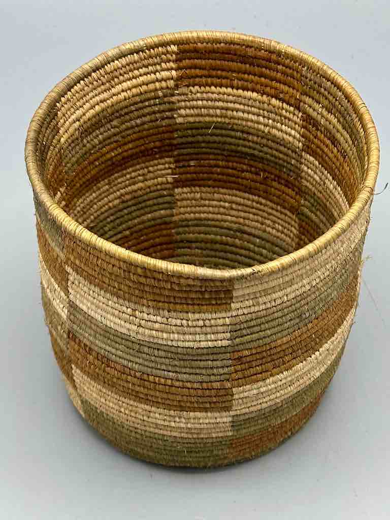 Earth tone checkerboard cylinder tightest weave Batwa basket