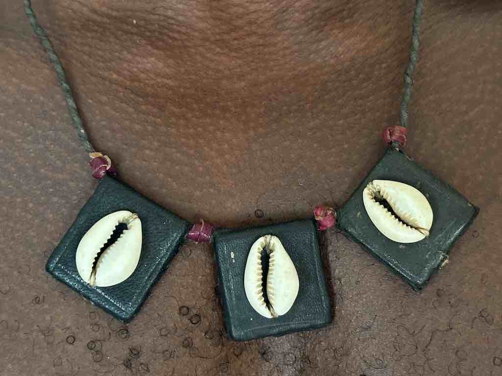 Cowrie Shell Triple GriGri Black Leather Cord Long Necklace - Mali