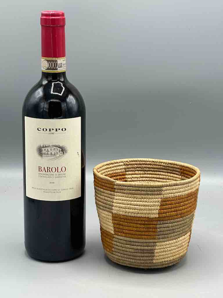 Earth tone checkerboard cylinder tightest weave Batwa basket