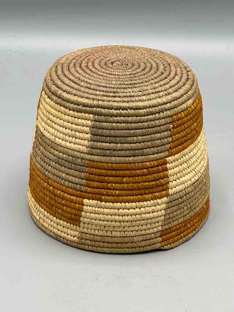 Earth tone checkerboard cylinder tightest weave Batwa basket