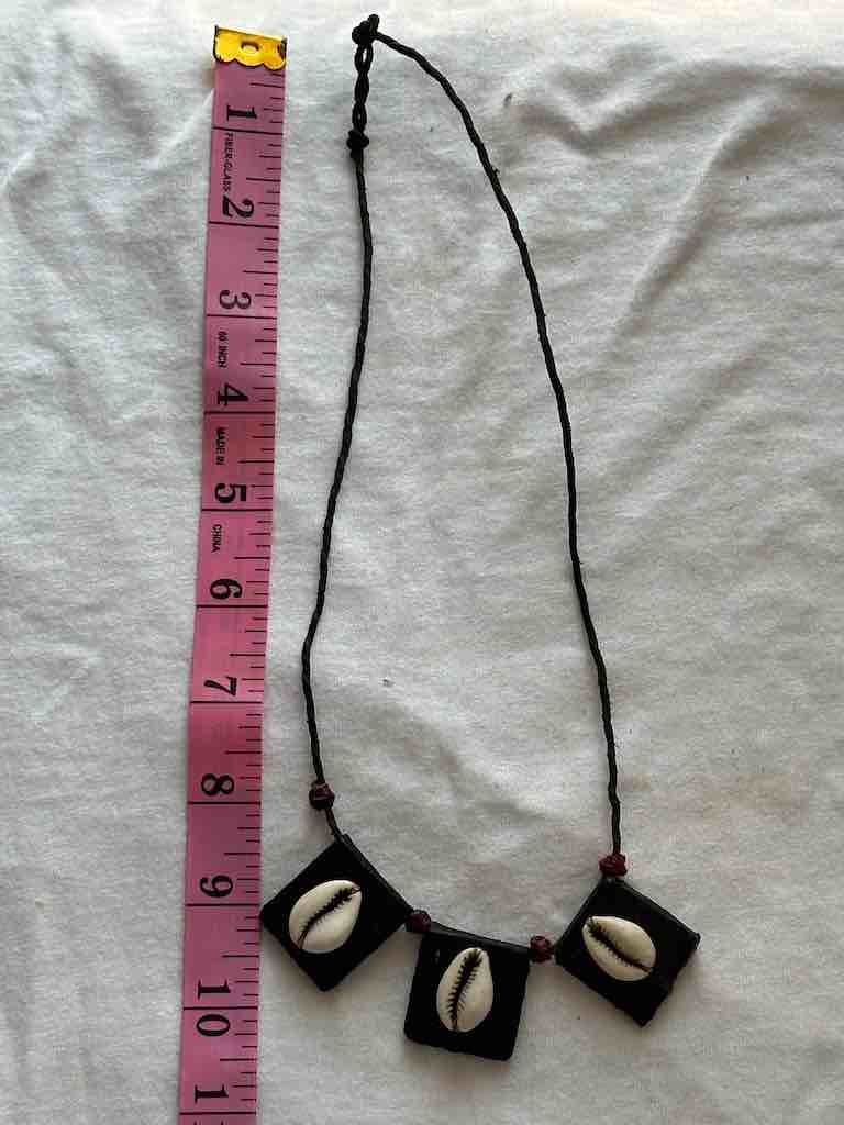 Cowrie Shell Triple GriGri Black Leather Cord Long Necklace - Mali