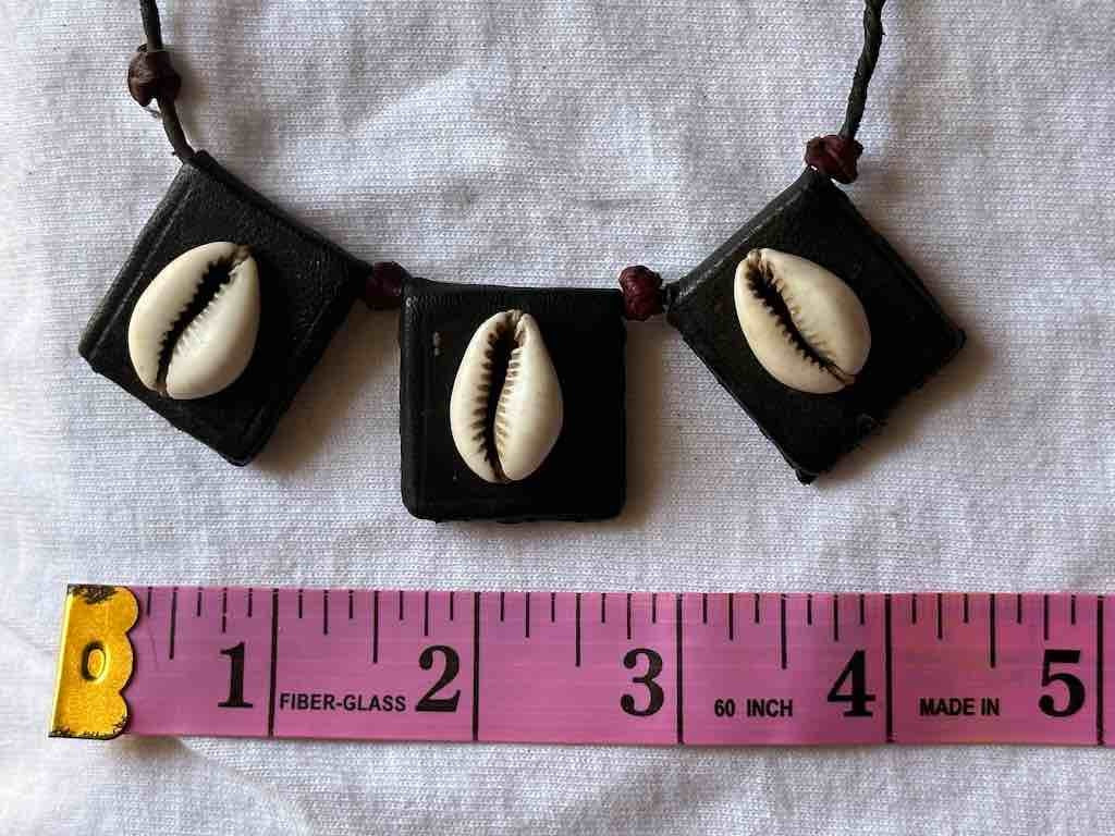 Cowrie Shell Triple GriGri Black Leather Cord Long Necklace - Mali