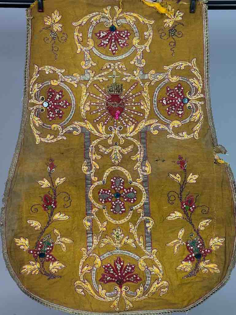 Antique Vietnamese Catholic Sacred Heart Cross Design Chasuble Authentic Ecclesiastical Cloth