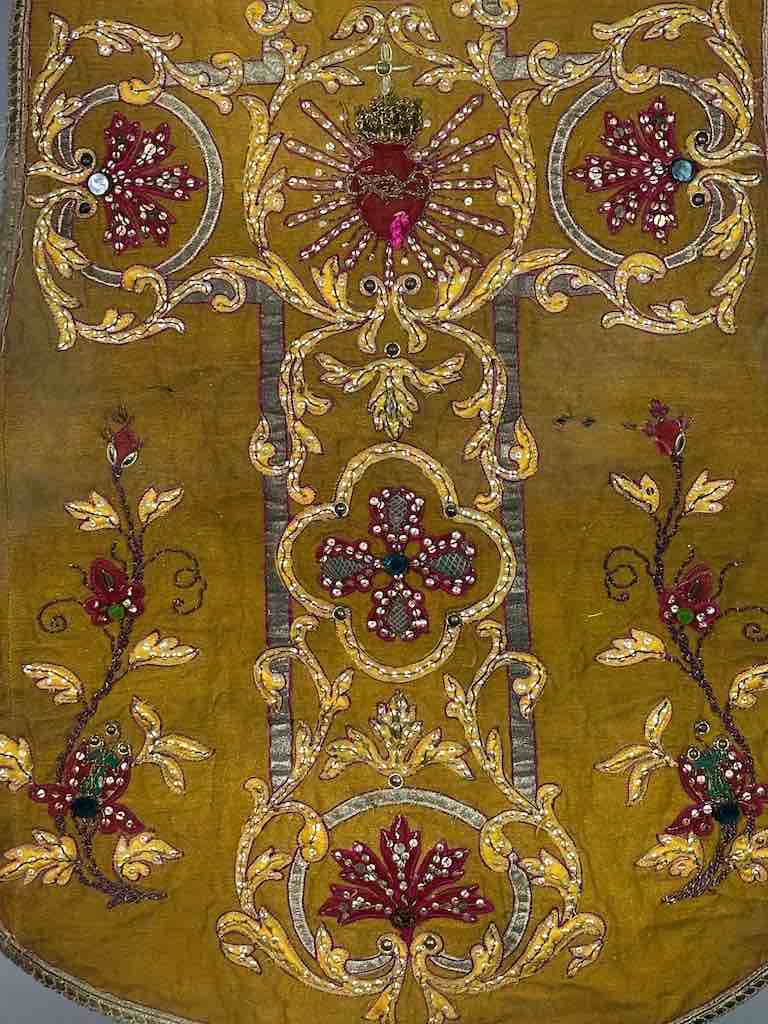 Antique Vietnamese Catholic Sacred Heart Cross Design Chasuble Authentic Ecclesiastical Cloth