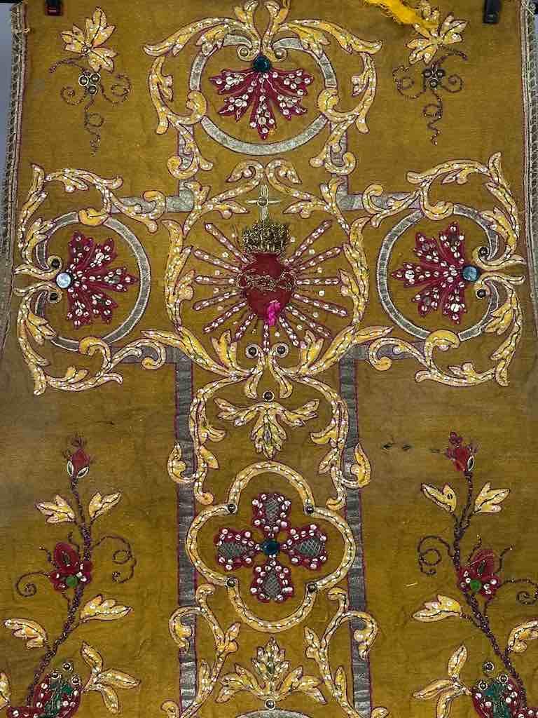 Antique Vietnamese Catholic Sacred Heart Cross Design Chasuble Authentic Ecclesiastical Cloth