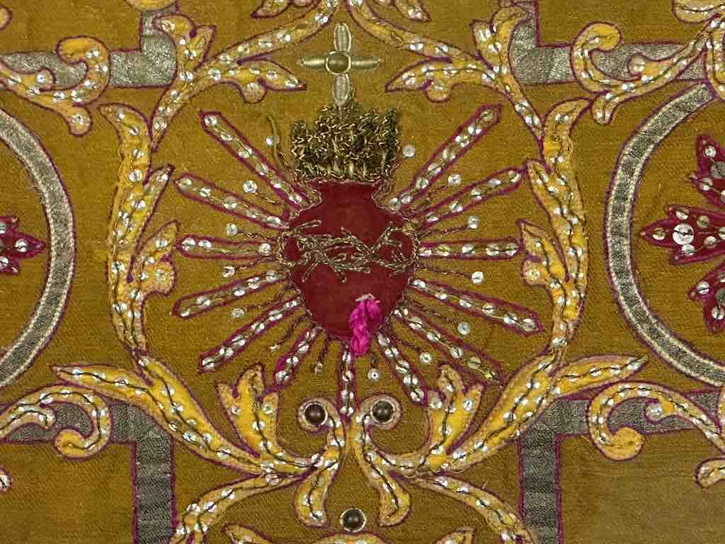 Antique Vietnamese Catholic Sacred Heart Cross Design Chasuble Authentic Ecclesiastical Cloth