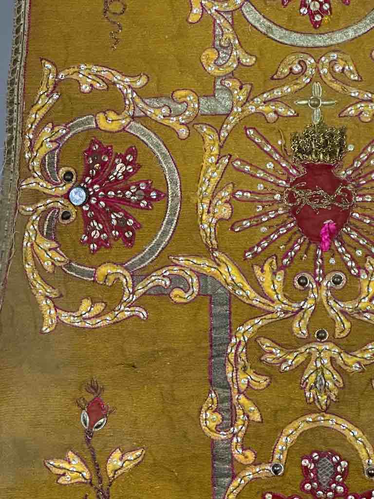 Antique Vietnamese Catholic Sacred Heart Cross Design Chasuble Authentic Ecclesiastical Cloth
