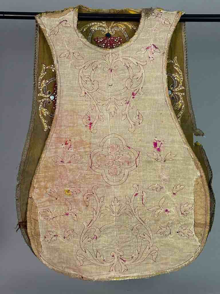 Antique Vietnamese Catholic Sacred Heart Cross Design Chasuble Authentic Ecclesiastical Cloth