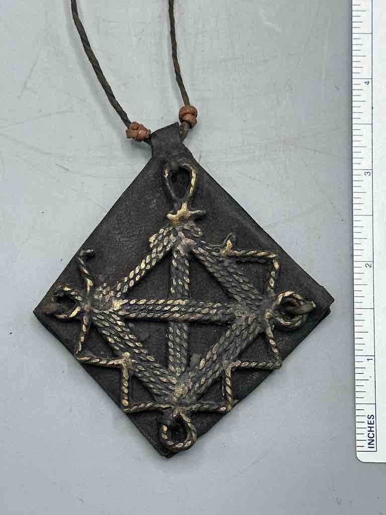 Leather-backed Handcast Brass Pendant Necklace - Mali