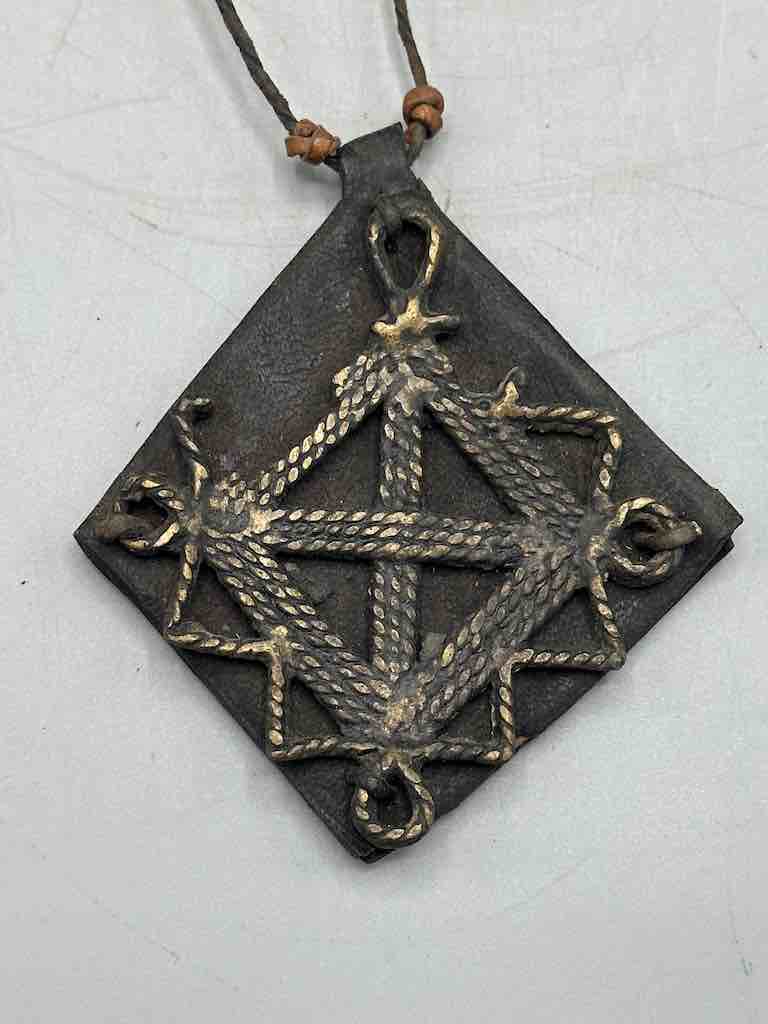 Leather-backed Handcast Brass Pendant Necklace - Mali