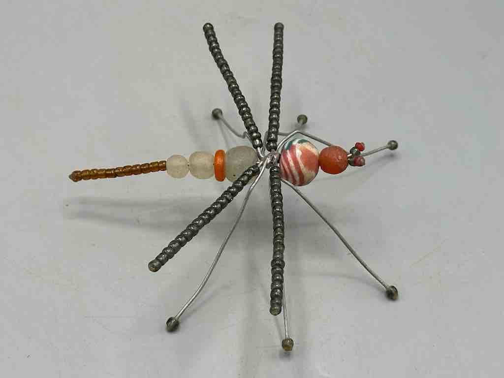 Large African Beaded Wire Decor Powderglass Dragonfly Insect Sculpture