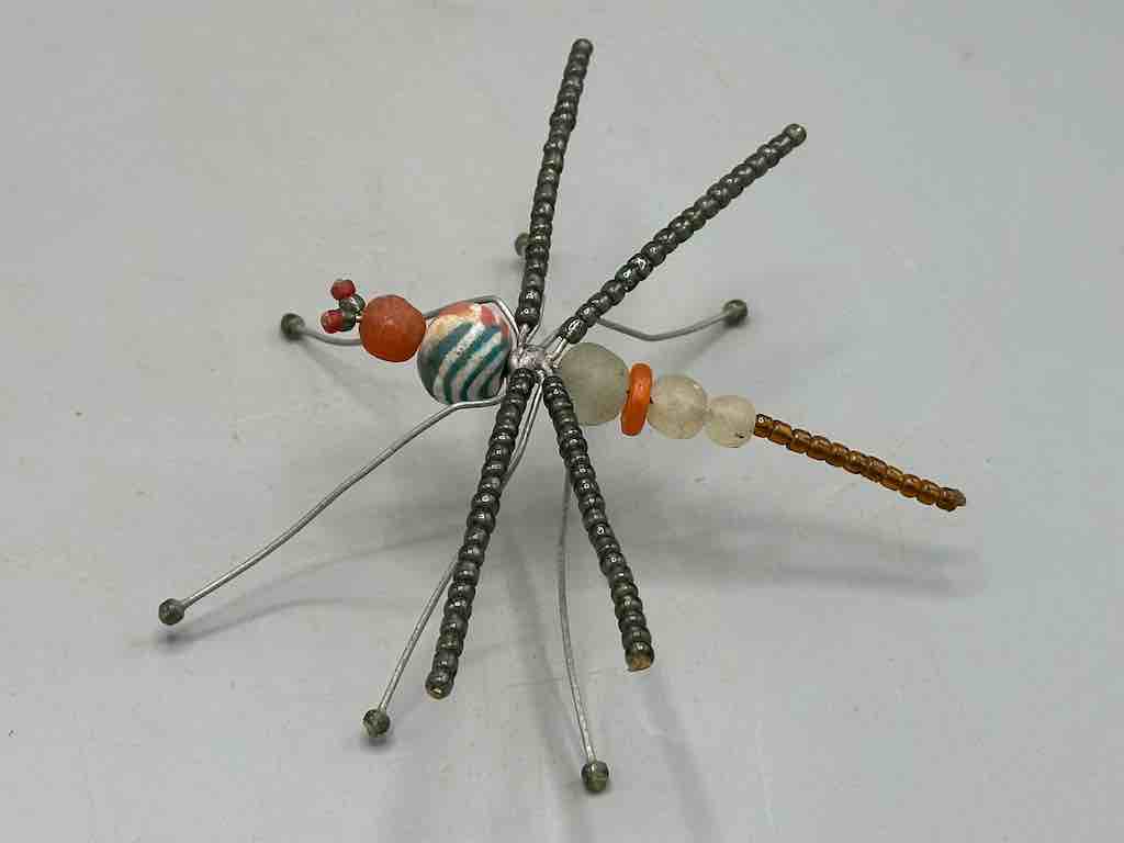 Large African Beaded Wire Decor Powderglass Dragonfly Insect Sculpture