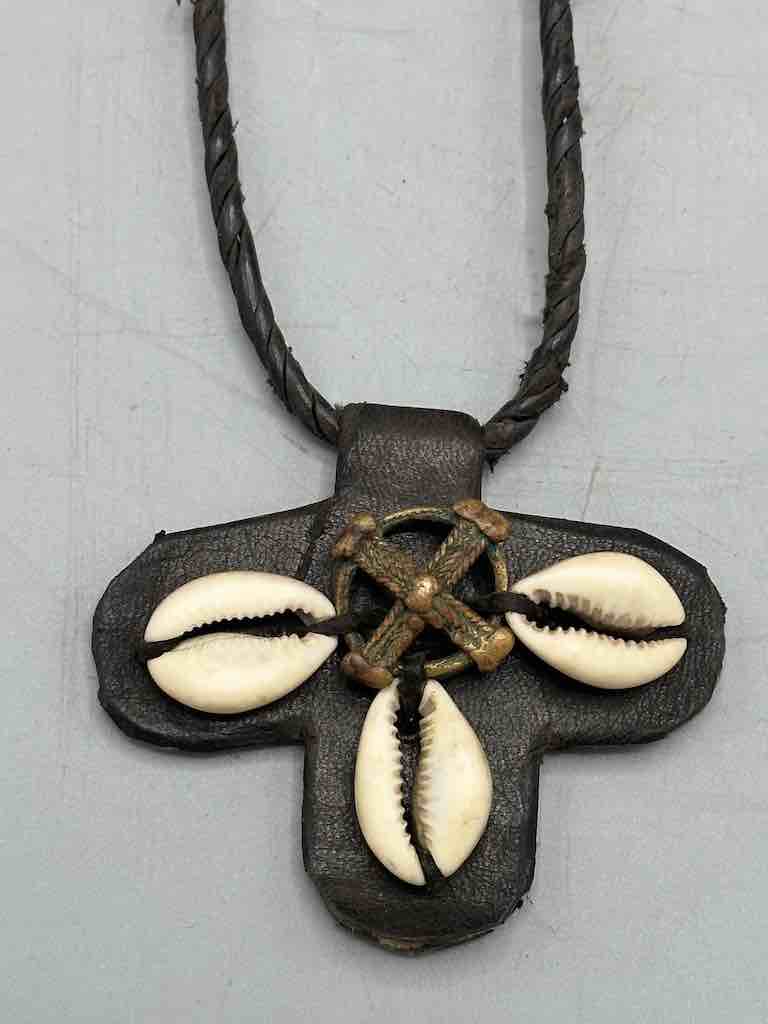 Leather & Cowrie Shell Brass Gold Weight Pendant Necklace - Mali