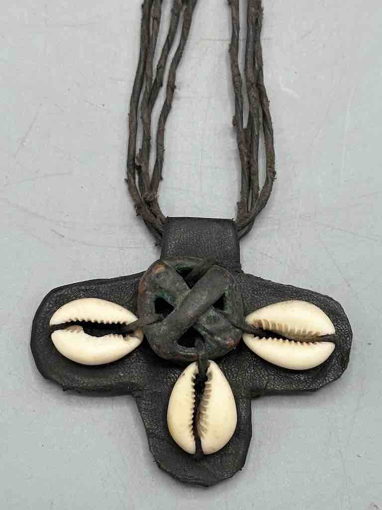 Leather & Cowrie Shell Brass Gold Weight Pendant Necklace - Mali