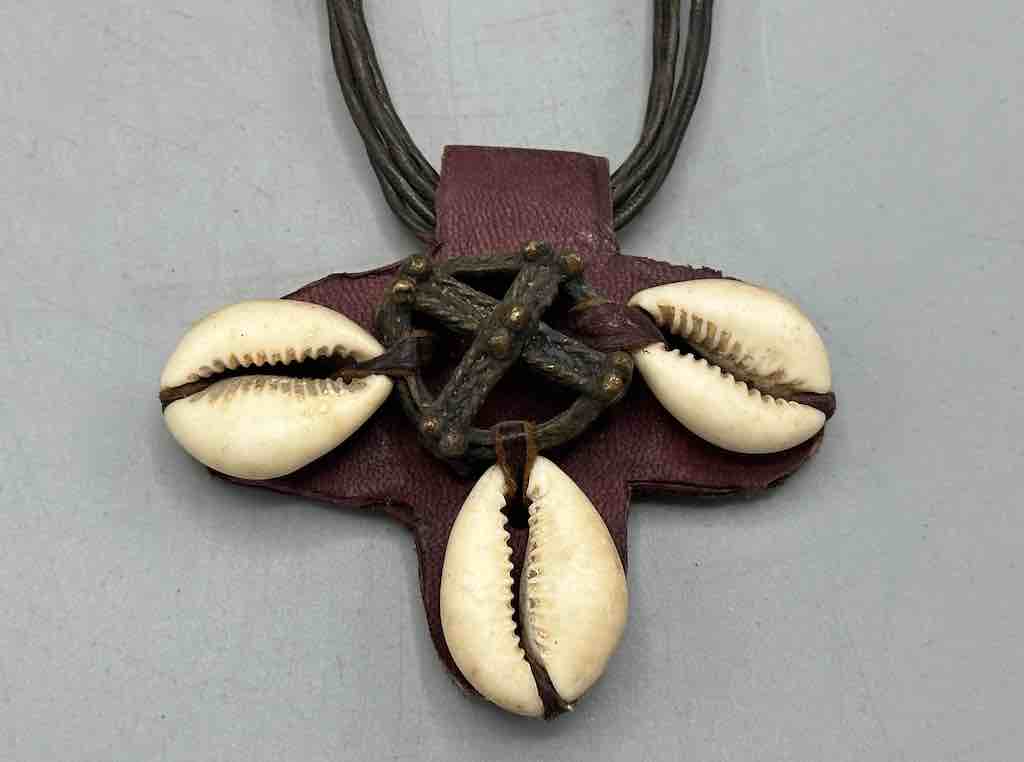 Leather & Cowrie Shell Brass Gold Weight Maroon Pendant Necklace - Mali