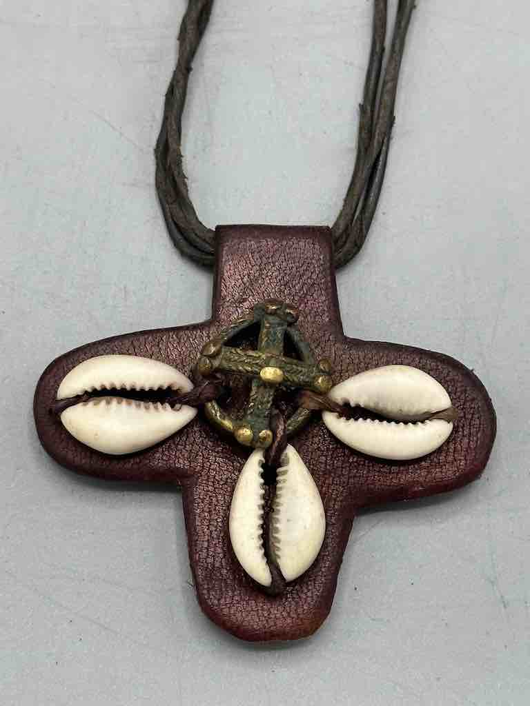 Leather & Cowrie Shell Brass Gold Weight Maroon Pendant Necklace - Mali