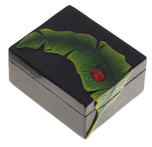 Ladybug on Banana Leaf - Small Rectangular Soapstone Trinket Decor Box