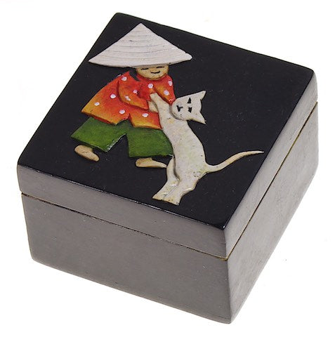 Vietnamese Girl & Cat - Small Square Soapstone Trinket Decor Box - 2 Colors