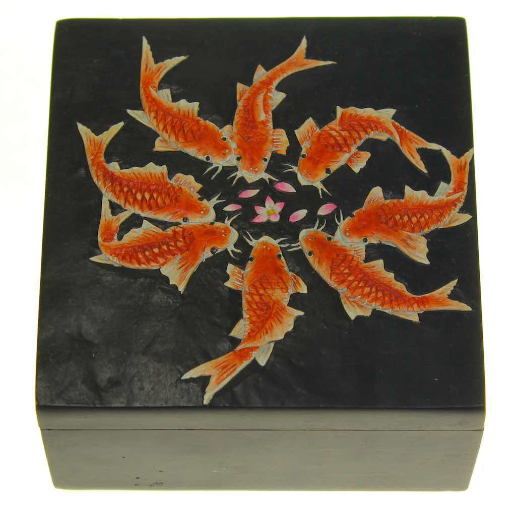 Koi Fish Feeding Square Soapstone Trinket Decor Box - 6 Versions