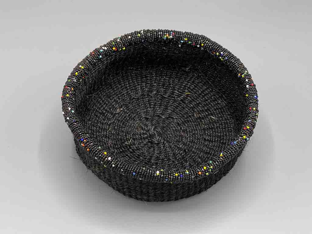 Black Bead Rim Shallow Black Sisal Round Basket - Kenya